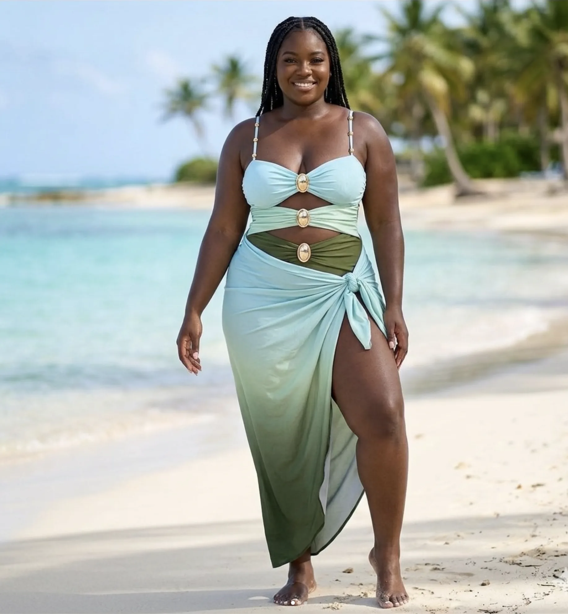 A woman in a mint-to-olive ombré bikini and matching sarong on white sand at the water's edge